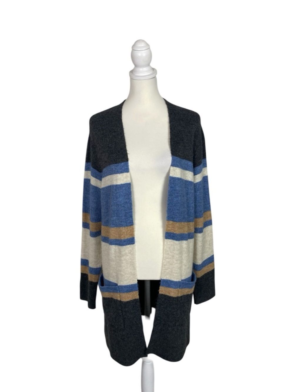 Old Navy Striped Cardigan Open Front Blue Gray Long Sleeve Pocket Cozy Sweater